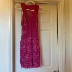 Hot Pink tight, mini, lace GUESS dress. Plunge neck and open back feature